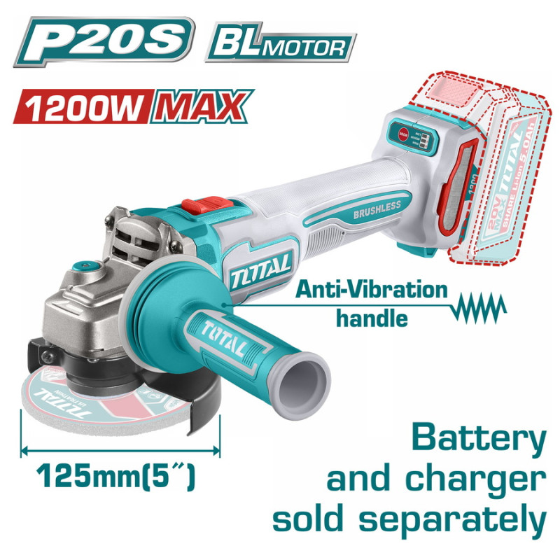 TOTAL ΕΠΑΓΓ. ΓΩΝΙΑΚΟΣ ΤΡΟΧΟΣ ΜΠΑΤ. Li-ion 20V / 125mm ΧΩΡΙΣ ΜΠΑΤ & ΦΟΡΤΙΣΤΗ BL Motor (TAGLI212027E) TOTAL