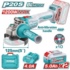 TOTAL ΕΠΑΓΓ. ΣΕΤ ΓΩΝΙΑΚΟΣ ΤΡΟΧΟΣ 125mm ΜΠΑΤ. Li-ion 20V / 5Ah / 2 ΜΠΑΤ BL Motor (TAGLI2120272E) TOTAL
