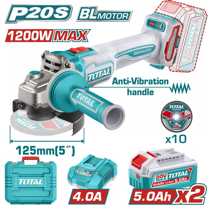 TOTAL ΕΠΑΓΓ. ΣΕΤ ΓΩΝΙΑΚΟΣ ΤΡΟΧΟΣ 125mm ΜΠΑΤ. Li-ion 20V / 5Ah / 2 ΜΠΑΤ BL Motor (TAGLI2120272E) TOTAL