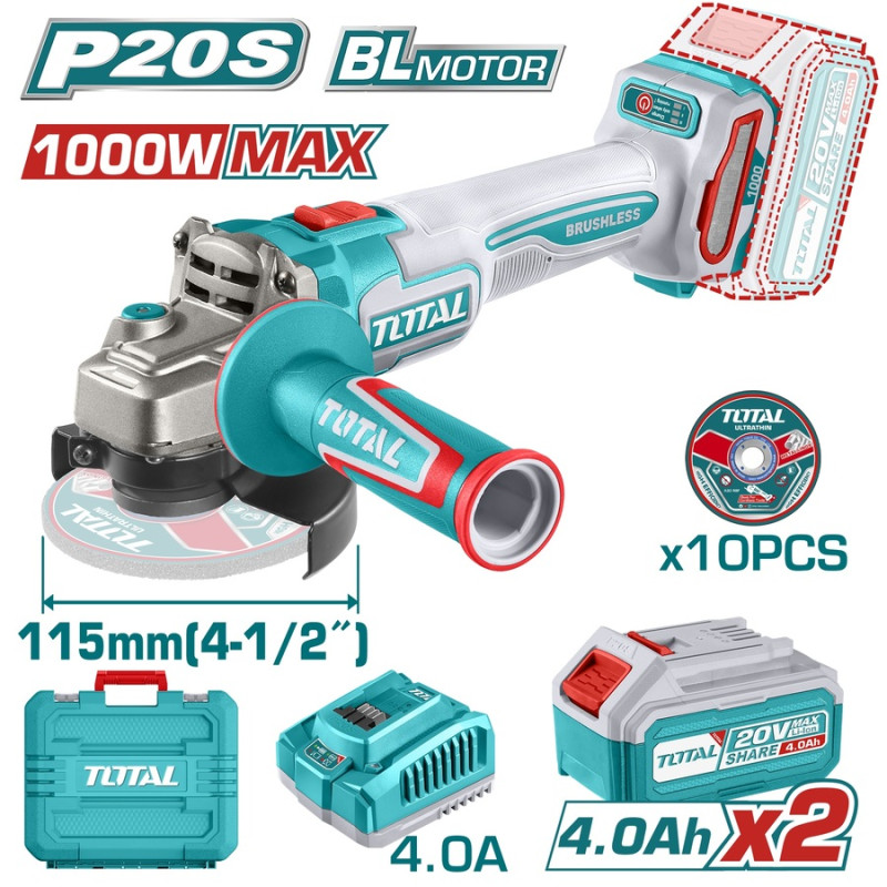 TOTAL ΕΠΑΓΓ. ΣΕΤ ΓΩΝΙΑΚΟΣ ΤΡΟΧΟΣ 115mm ΜΠΑΤ. Li-ion 20V / 4Ah / 2 ΜΠΑΤ (TAGLI271532E) TOTAL