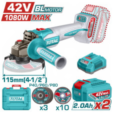 TOTAL ΕΠΑΓΓ. ΣΕΤ ΓΩΝΙΑΚΟΣ ΤΡΟΧΟΣ 115mm ΜΠΑΤ. Li-ion 42V / 2Ah / 2 ΜΠΑΤ BL Motor (TAGLI4108112E) TOTAL
