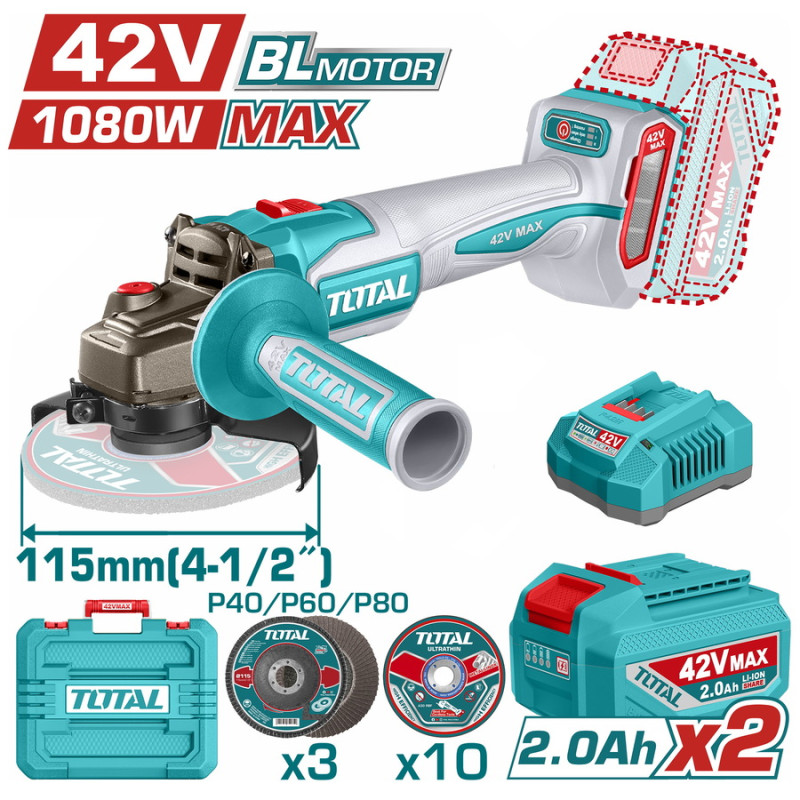 TOTAL ΕΠΑΓΓ. ΣΕΤ ΓΩΝΙΑΚΟΣ ΤΡΟΧΟΣ 115mm ΜΠΑΤ. Li-ion 42V / 2Ah / 2 ΜΠΑΤ BL Motor (TAGLI4108112E) TOTAL TOTAL ΕΠΑΓΓ. ΣΕΤ ΓΩΝΙΑΚΟΣ ΤΡΟΧΟΣ 115mm ΜΠΑΤ. Li-ion 42V / 2Ah / 2 ΜΠΑΤ BL Motor (TAGLI4108112E) TOTAL
