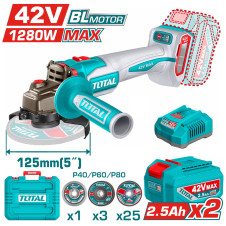 TOTAL ΕΠΑΓΓ. ΣΕΤ ΓΩΝΙΑΚΟΣ ΤΡΟΧΟΣ 125mm ΜΠΑΤ. Li-ion 42V / 2.5Ah / 2 ΜΠΑΤ BL Motor (TAGLI4128122E) TOTAL