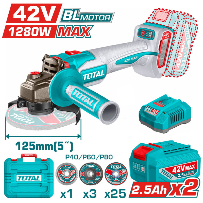 TOTAL ΕΠΑΓΓ. ΣΕΤ ΓΩΝΙΑΚΟΣ ΤΡΟΧΟΣ 125mm ΜΠΑΤ. Li-ion 42V / 2.5Ah / 2 ΜΠΑΤ BL Motor (TAGLI4128122E) TOTAL