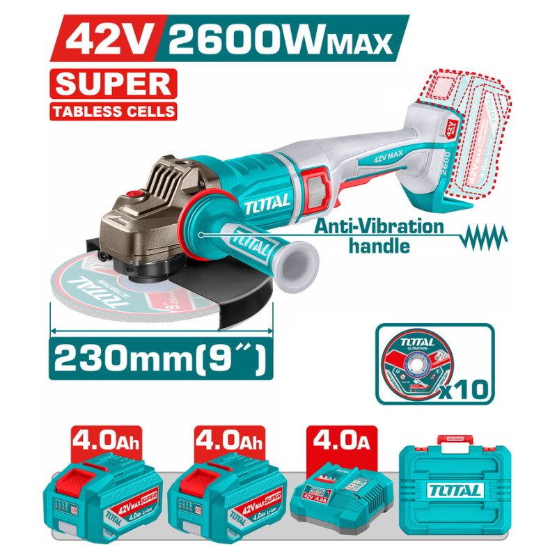 TOTAL ΕΠΑΓΓ. ΣΕΤ ΓΩΝΙΑΚΟΣ ΤΡΟΧΟΣ 230mm ΜΠΑΤ. Li-ion 42V / 4Ah / 2 ΜΠΑΤ BL Motor TABLESS CELLS (TAGLI4260182) TOTAL TOTAL ΕΠΑΓΓ. ΣΕΤ ΓΩΝΙΑΚΟΣ ΤΡΟΧΟΣ 230mm ΜΠΑΤ. Li-ion 42V / 4Ah / 2 ΜΠΑΤ BL Motor TABLESS CELLS (TAGLI4260182) TOTAL
