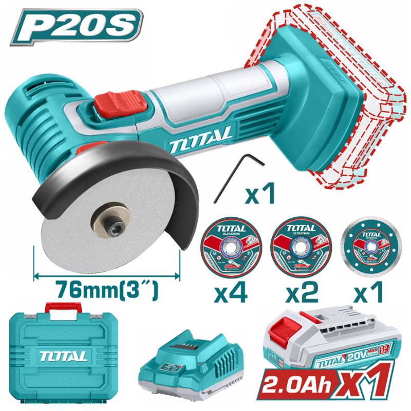 TOTAL ΕΠΑΓΓ. MINI ΓΩΝΙΑΚΟΣ ΤΡΟΧΟΣ ΜΠΑΤ. Li-ion 20V / 2Ah / 1 ΜΠΑΤΑΡΙΑ (TAGLI76012) TOTAL