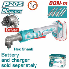 TOTAL ΕΠΑΓΓ. ΠΑΛΜΙΚΟ ΓΩΝΙΑΚΟ ΚΑΤΣΑΒΙΔΙ 1/4"/ 80Nm HEX ΜΠΑΤ Li-ion 20V SOLO BL Motor (TAIRLI2081) TOTAL