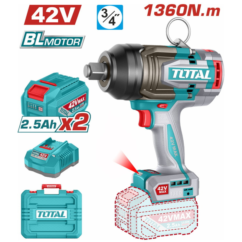 TOTAL ΕΠΑΓΓ. ΜΠΟΥΛΟΝΟΚΛΕΙΔΟ ΜΠΑΤ. Li-ion 42V / 2.5Ah / 1360Nm / 2 ΜΠΑΤ BL Motor (TIWLI421362E) TOTAL TOTAL ΕΠΑΓΓ. ΜΠΟΥΛΟΝΟΚΛΕΙΔΟ ΜΠΑΤ. Li-ion 42V / 2.5Ah / 1360Nm / 2 ΜΠΑΤ BL Motor (TIWLI421362E) TOTAL