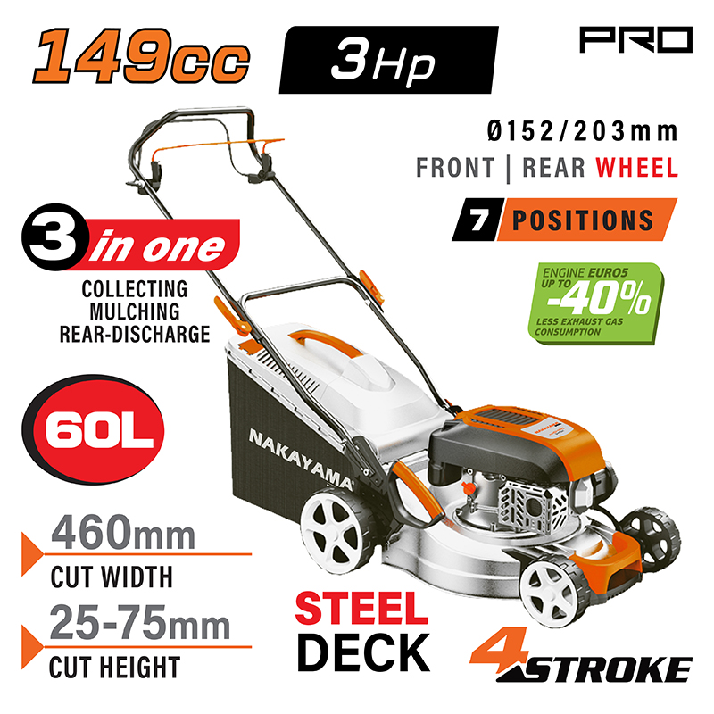Nakayama Pro Pm5460 Χλοοκοπτική Βενζίνης,Ωθούμενη, 147Cc, Πλάτος Κοπής 46Cm, Κάδος 60L, 8 Θέσεις PM5460 NAKAYAMA PRO (084075) Nakayama Pro Pm5460 Χλοοκοπτική Βενζίνης,Ωθούμενη, 147Cc, Πλάτος Κοπής 46Cm, Κάδος 60L, 8 Θέσεις PM5460 NAKAYAMA PRO (084075)